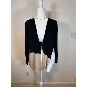 Lafayette 148 New York Colorblock Ribbed Pleated Cardigan L Black Beige